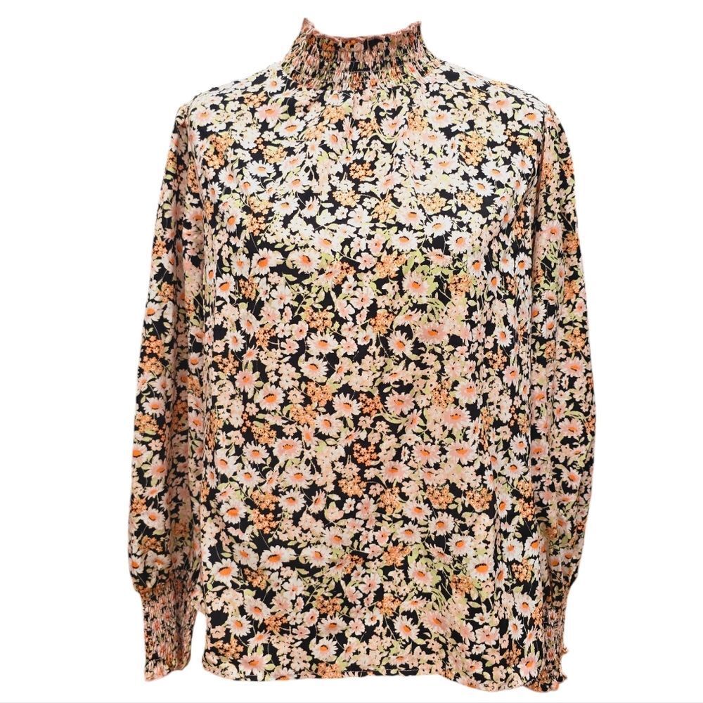 Sanctuary -665 NWT Kylie Smocked Top‎ Long Sleeve Blouse Black Blush Floral M